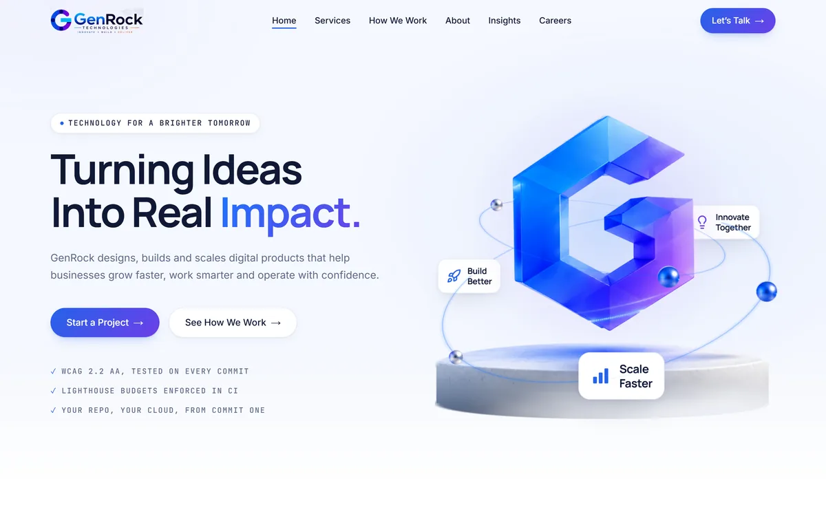 The GenRock homepage: the headline beside the 3D GenRock mark and its orbiting badges
